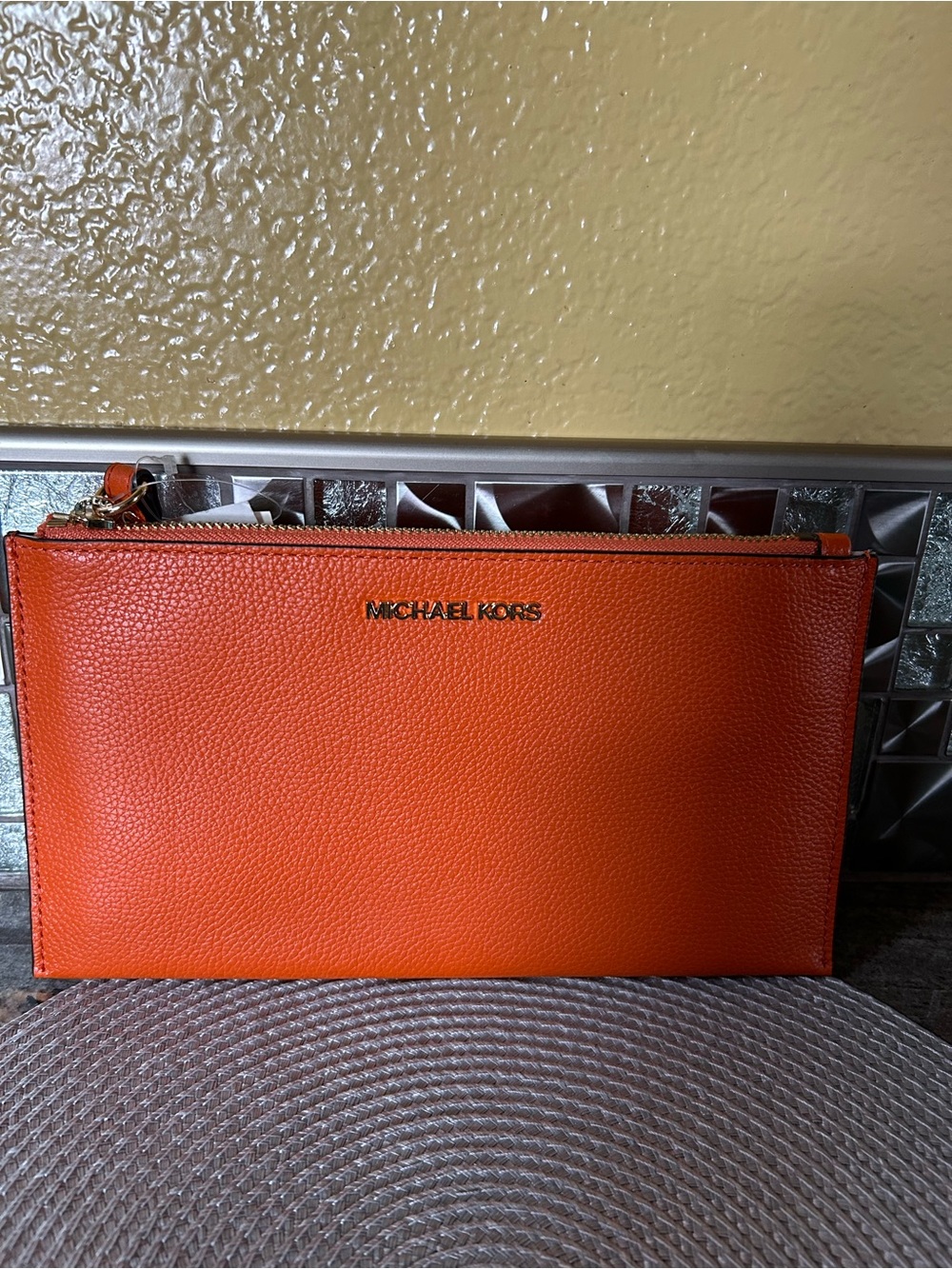 Michael Kors Orange Leather Zip Wristlet Clutch